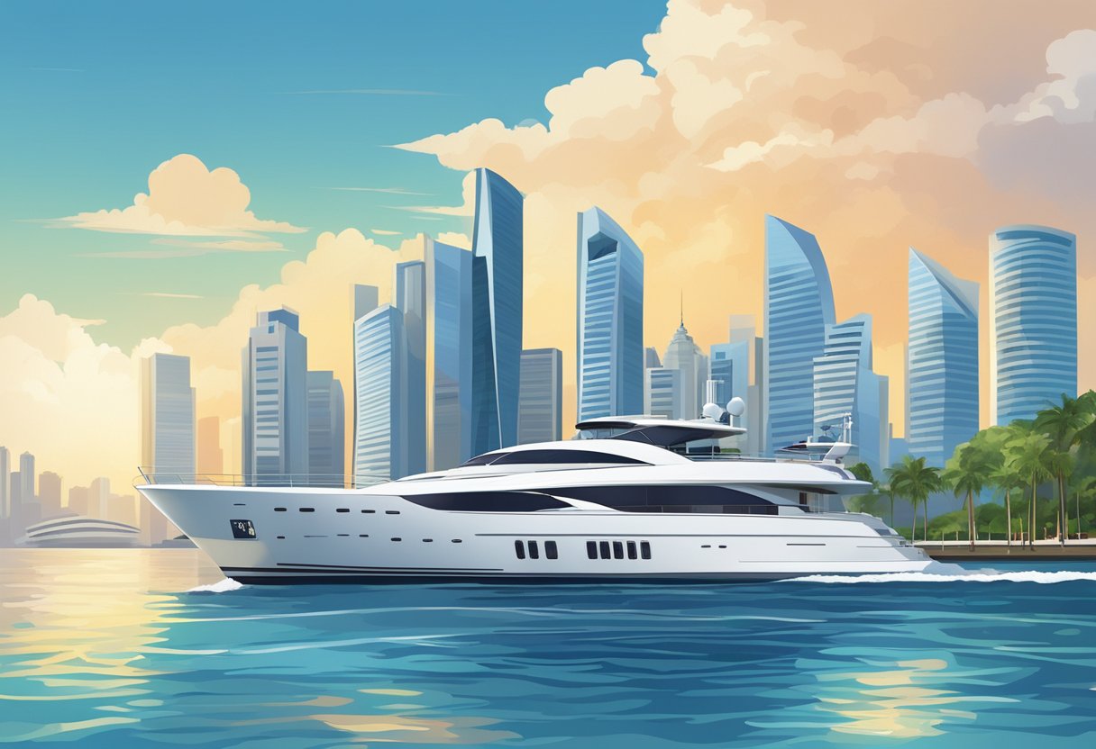 A luxurious yacht cruising through the sparkling waters of Singapore, with the city skyline in the background and a clear blue sky above