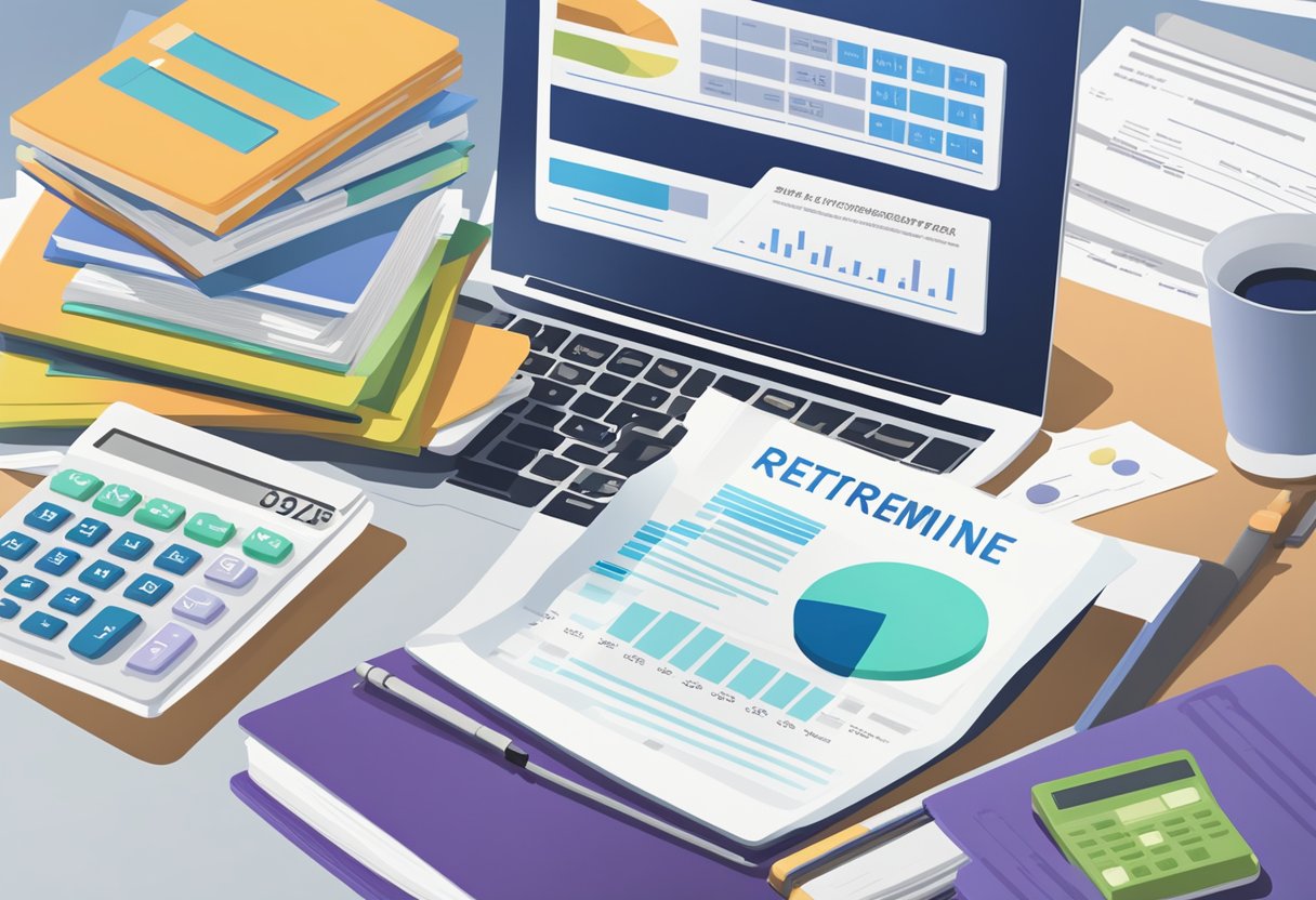 A stack of financial documents and a calculator on a desk, with a laptop open to a webpage about the Supplementary Retirement Scheme (SRS) in Singapore