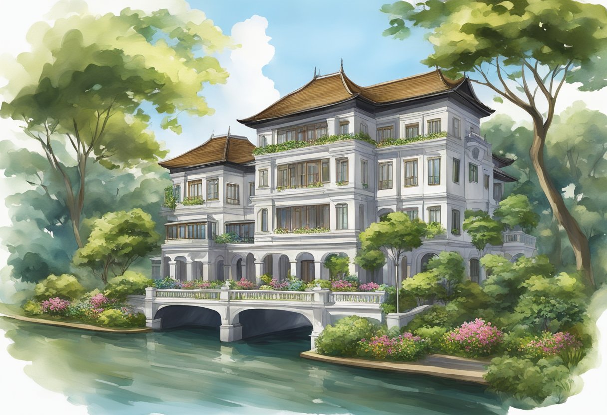 The Riverhouse Singapore: A majestic riverside mansion with lush gardens and traditional architecture, overlooking the tranquil waterway