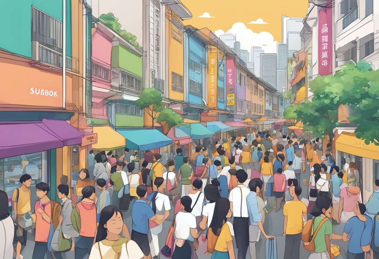A bustling Singapore street with a colorful Sugarbook sign, surrounded by diverse individuals chatting and connecting