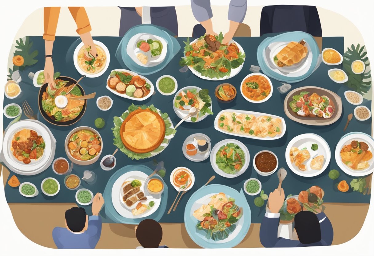 A table set with various small party catering dishes, surrounded by guests in a cozy Singaporean setting