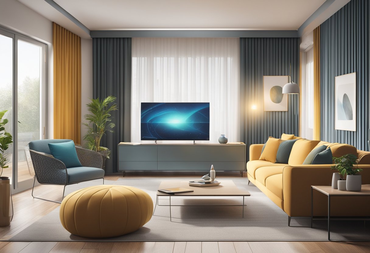 A modern living room with voice-controlled lights, automated curtains, and integrated security cameras. Smart devices are seamlessly connected and controlled through a central hub