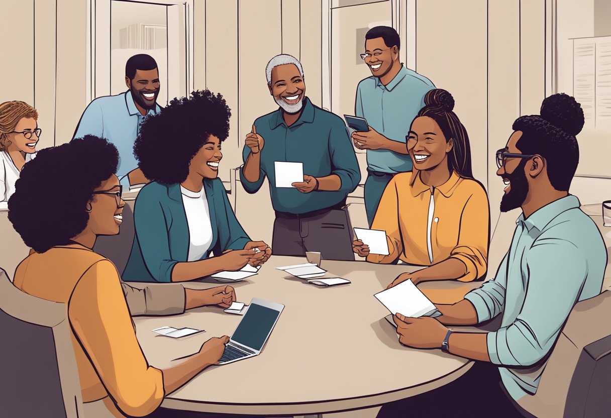 A group of diverse individuals engage in conversation, exchanging business cards and contact information. Laughter and smiles fill the room as connections are made