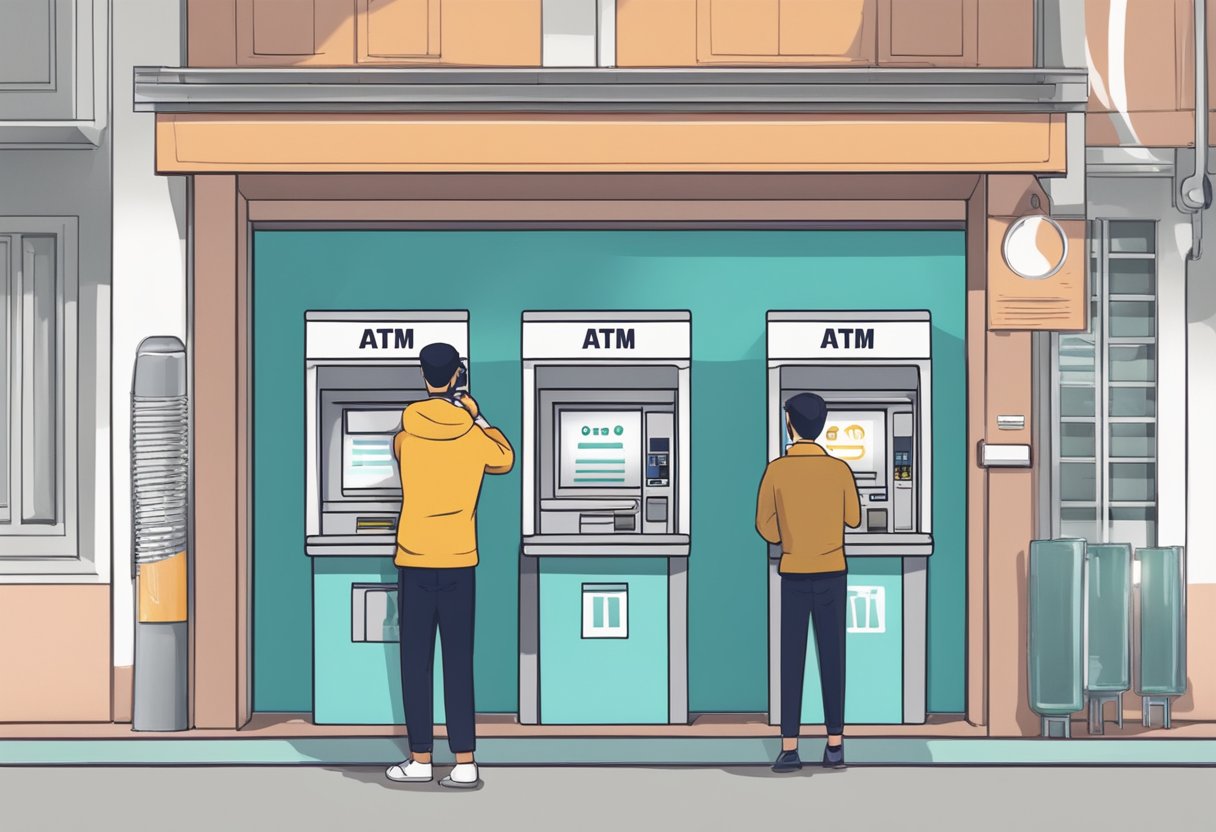 A person withdrawing money from an ATM in Singapore, with penalty signs in the background