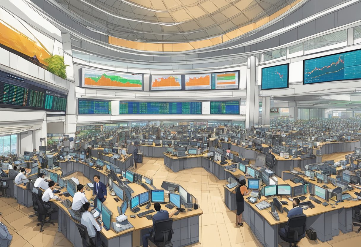 The bustling Singapore Stock Exchange floor, filled with traders and flashing screens, exudes energy and urgency