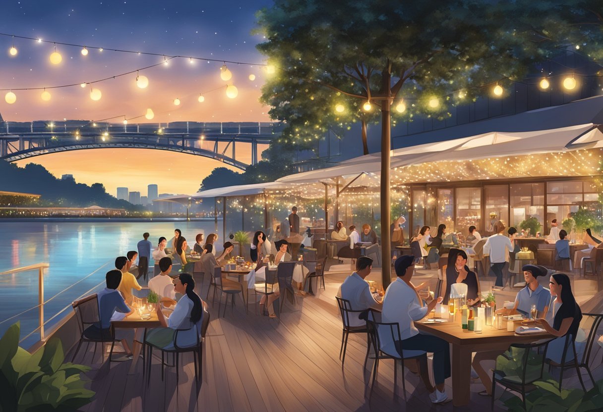 A lively riverfront scene with outdoor dining, live music, and twinkling lights at Riverhouse Singapore