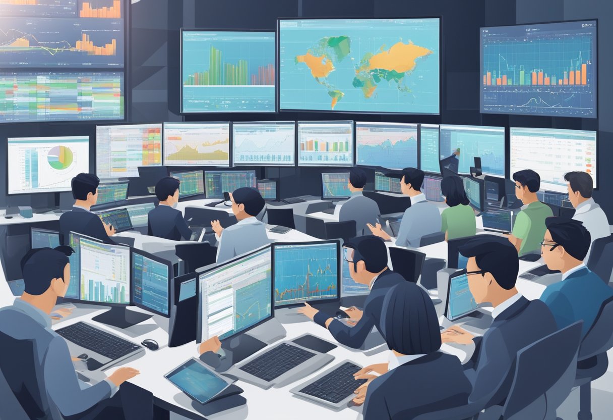 A bustling Singapore stock forum, with traders exchanging tips and analyzing market trends. Multiple computer screens display stock charts and financial data