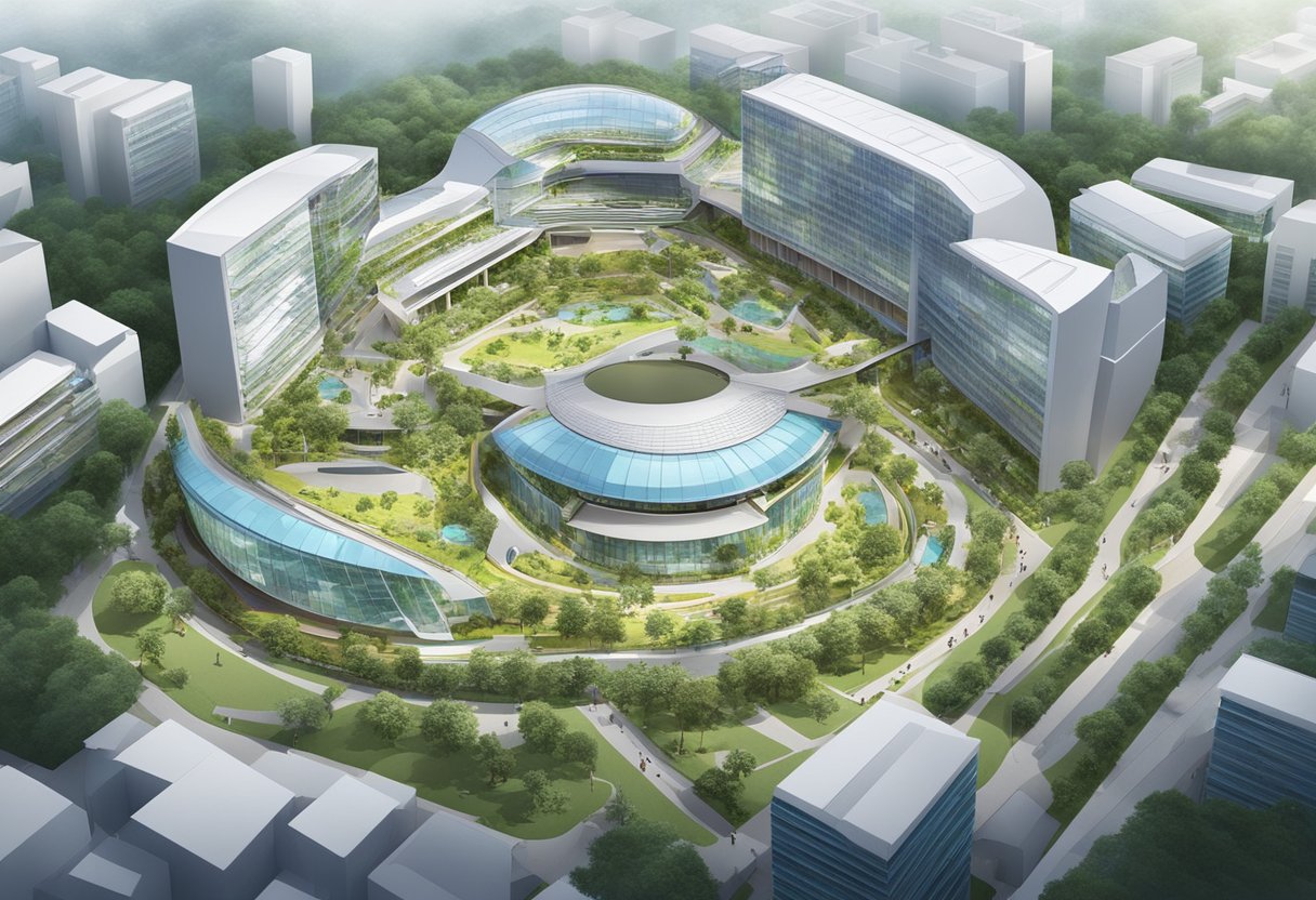 A bustling campus with modern buildings and green spaces, students engaged in collaborative learning, and state-of-the-art facilities at Singapore University of Technology and Design