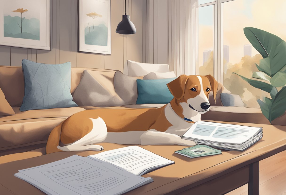 A happy dog with a wagging tail sits beside a pet insurance policy document in a cozy living room in Singapore