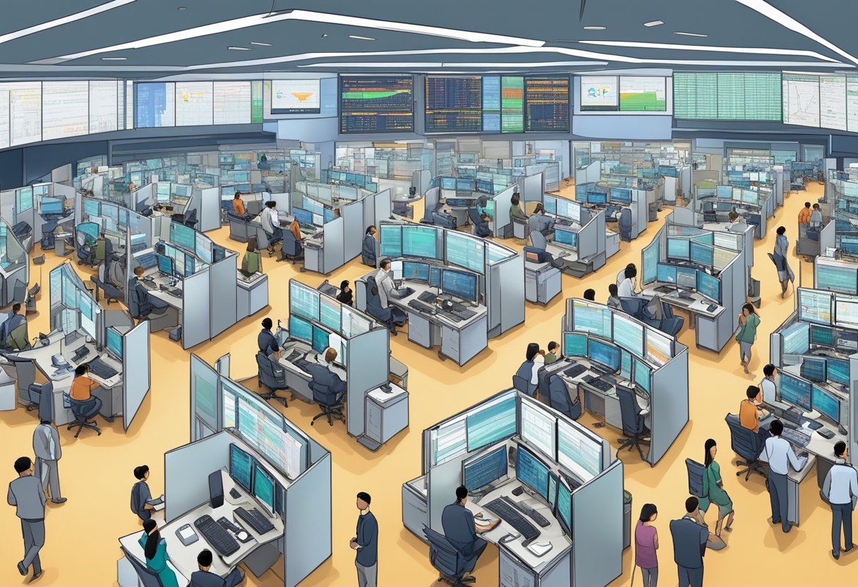 The bustling SGX trading floor buzzes with activity as traders and brokers move quickly among the various stock market terminals and screens