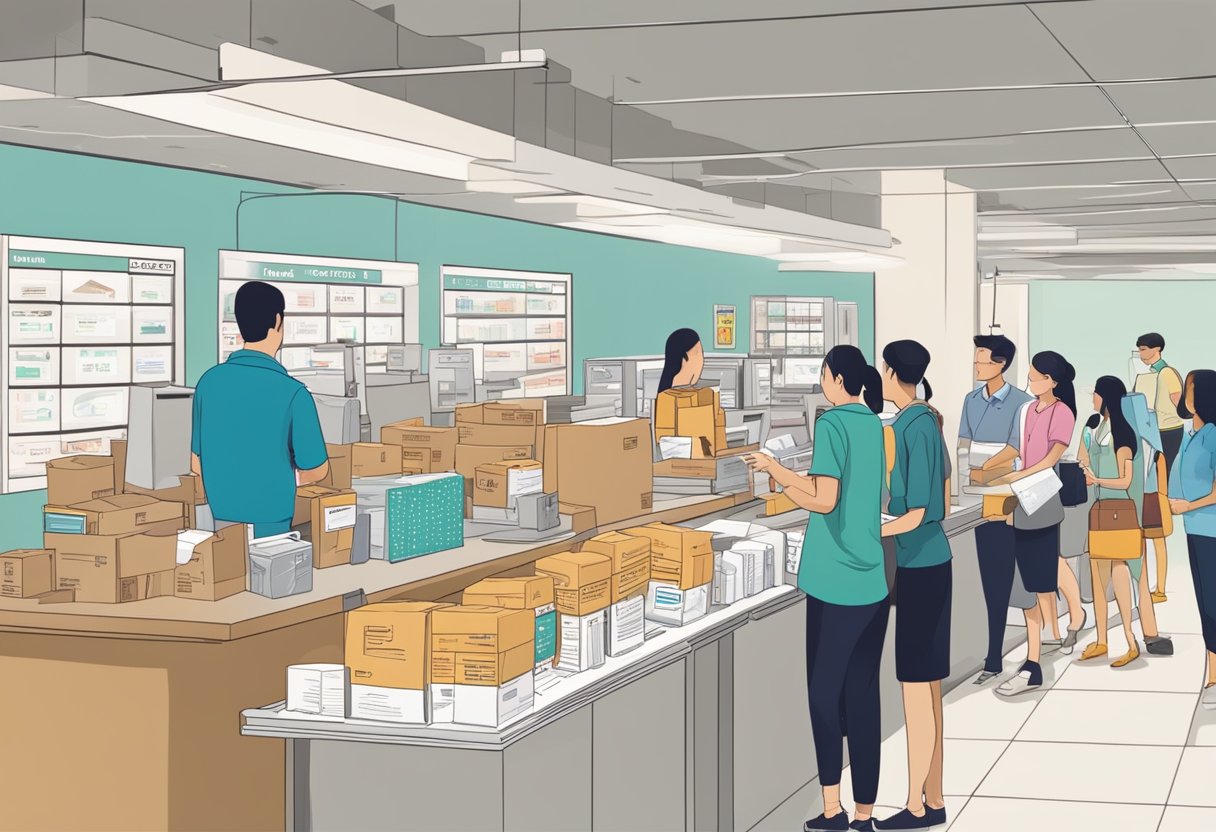 A busy post office with customers lining up at the counter, packages being sorted and delivered, and signage displaying "Frequently Asked Questions" about speedpost services in Singapore