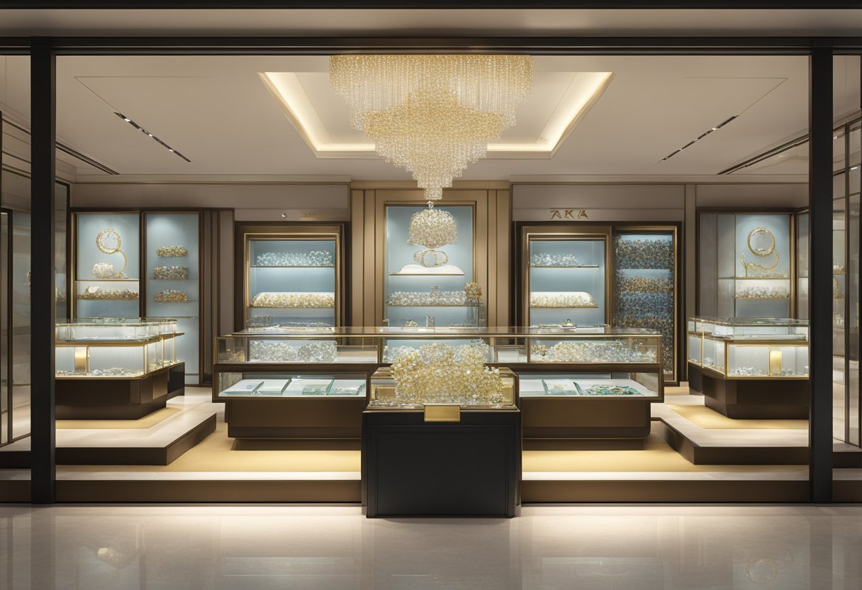 A sparkling display of Taka Jewellery in Singapore, with shimmering gemstones and elegant designs showcased in a glass case
