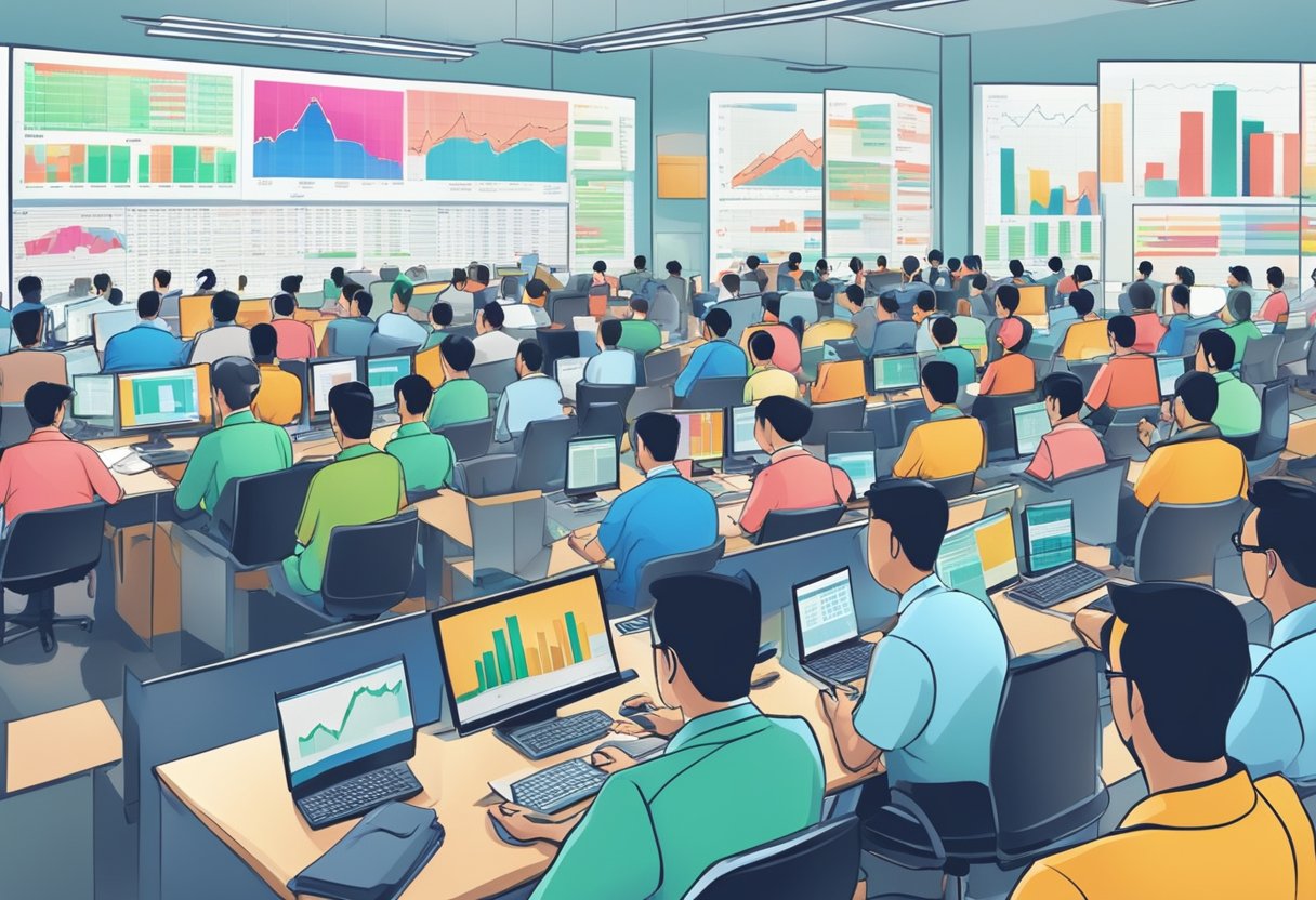 A bustling Singapore stock forum with traders discussing market trends and analyzing stock data charts
