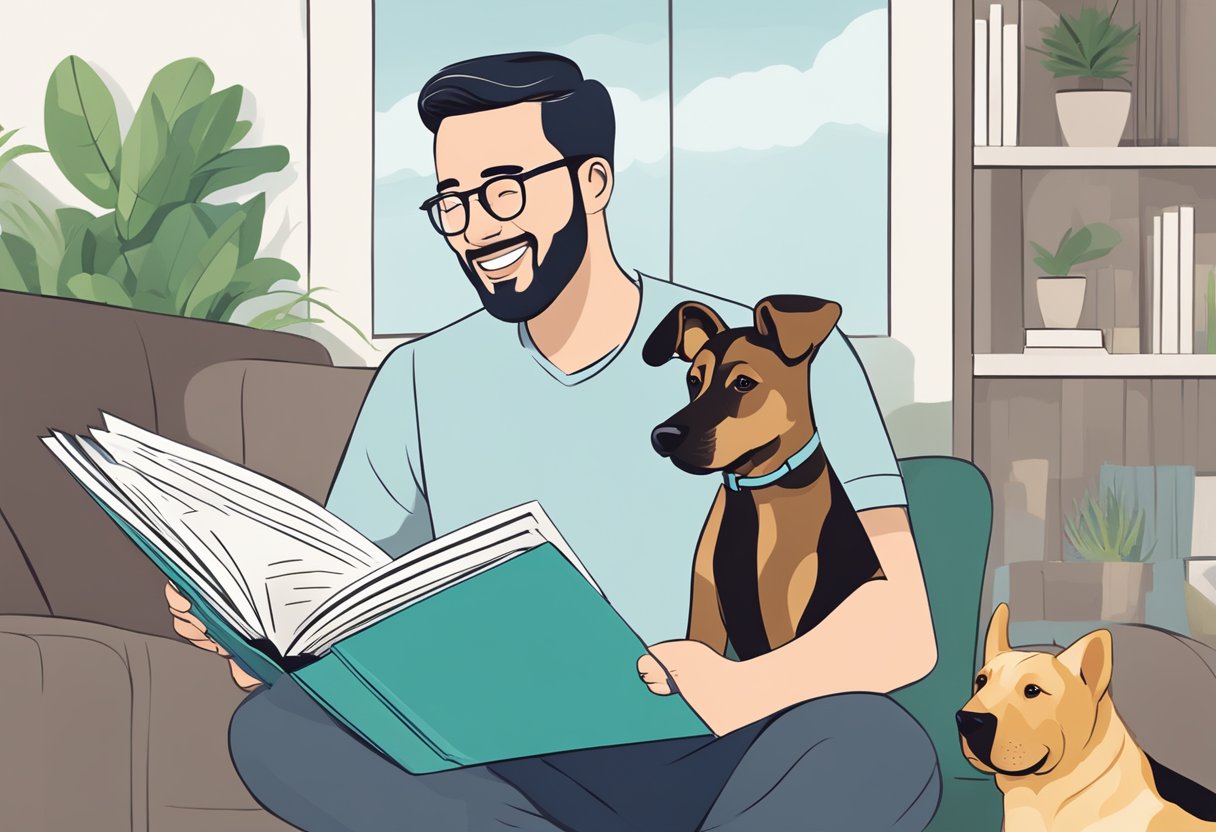 A dog owner in Singapore reads a brochure on dog insurance, with a happy and healthy dog by their side