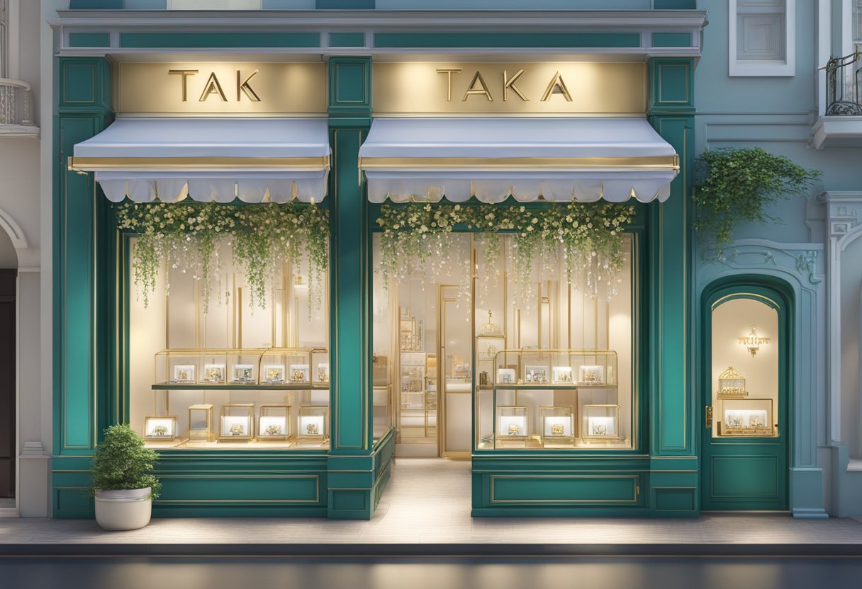 The vibrant storefront of Taka Jewellery in Singapore, with sparkling displays and elegant signage, beckons passersby to explore its exquisite offerings