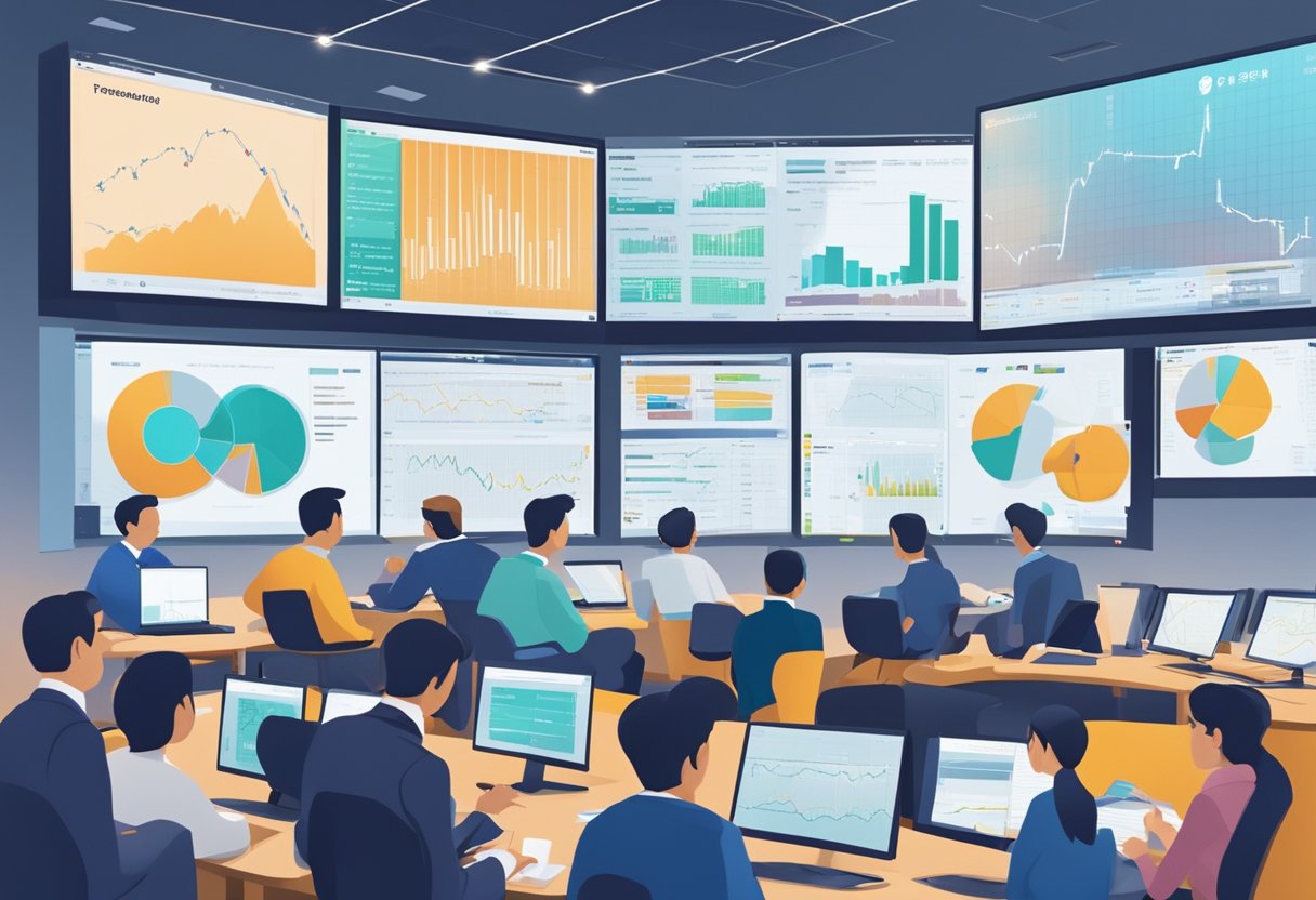 Investors discussing strategies in a bustling Singapore stock forum. Screens display market data, while participants engage in lively conversations