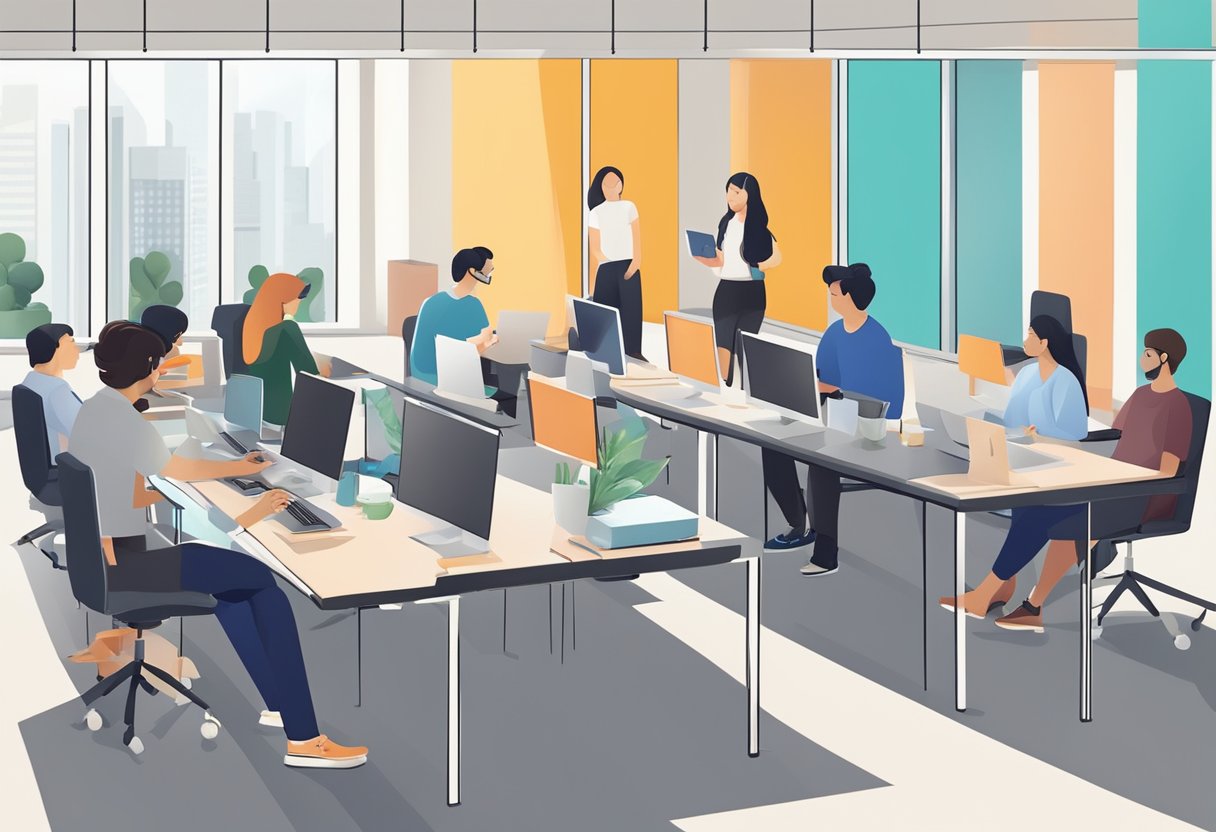 A group of researchers and designers collaborate in a modern university setting at Singapore University of Technology and Design