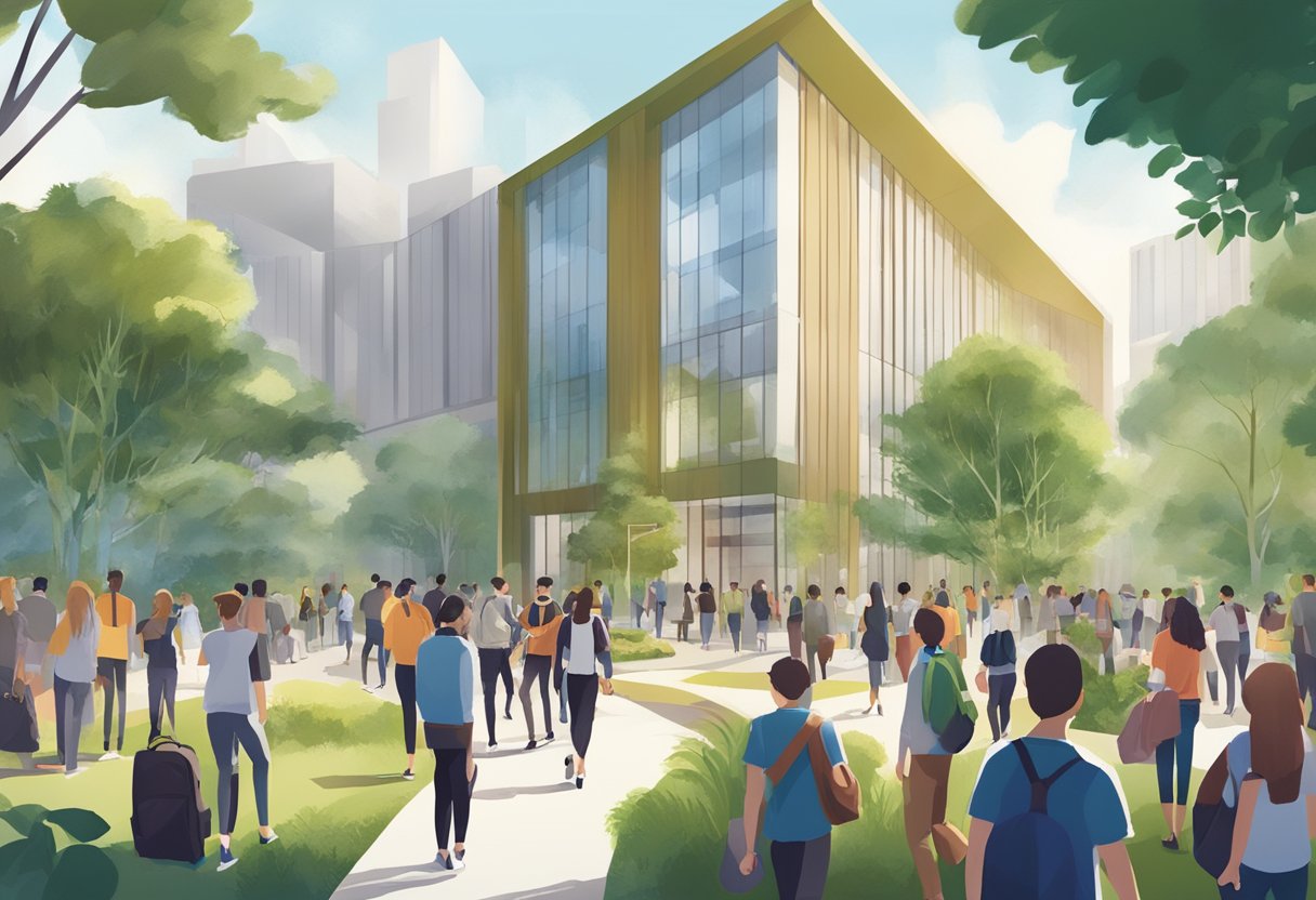 A bustling university campus with students gathering around a central information board, surrounded by modern architecture and greenery