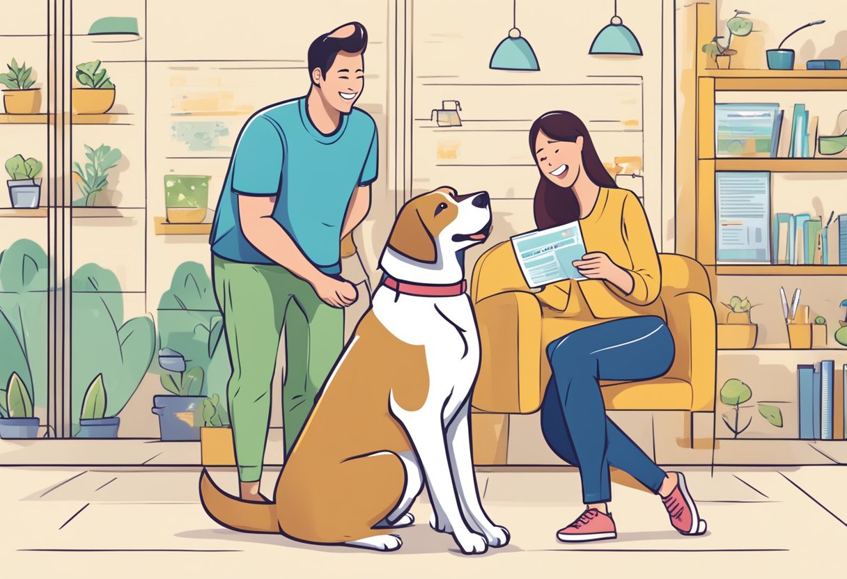 A happy dog owner comparing different pet insurance policies in Singapore