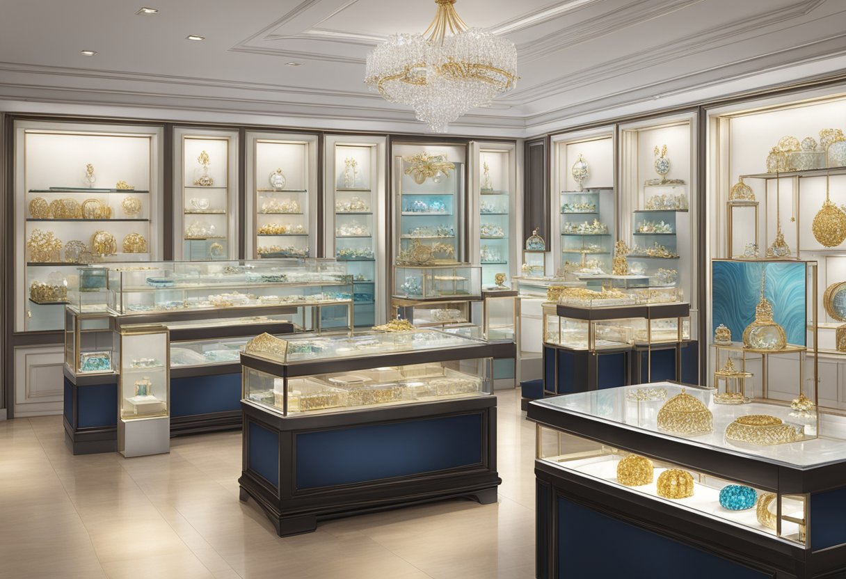 A luxurious display of exclusive jewelry collections and promotional items at Taka Jewellery Singapore