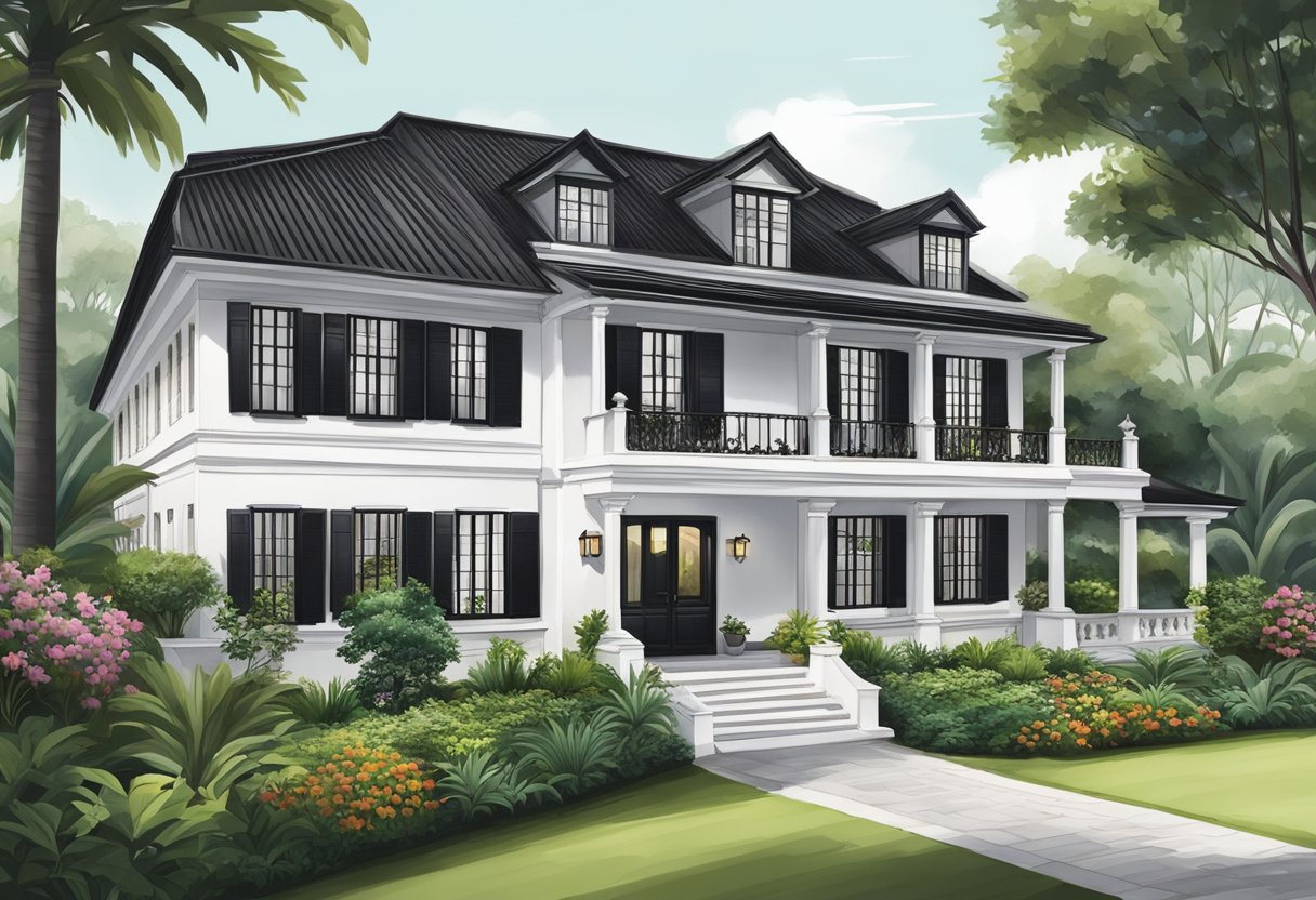 A majestic colonial-style house in Singapore, with white walls, black window shutters, and a lush garden surrounding the property