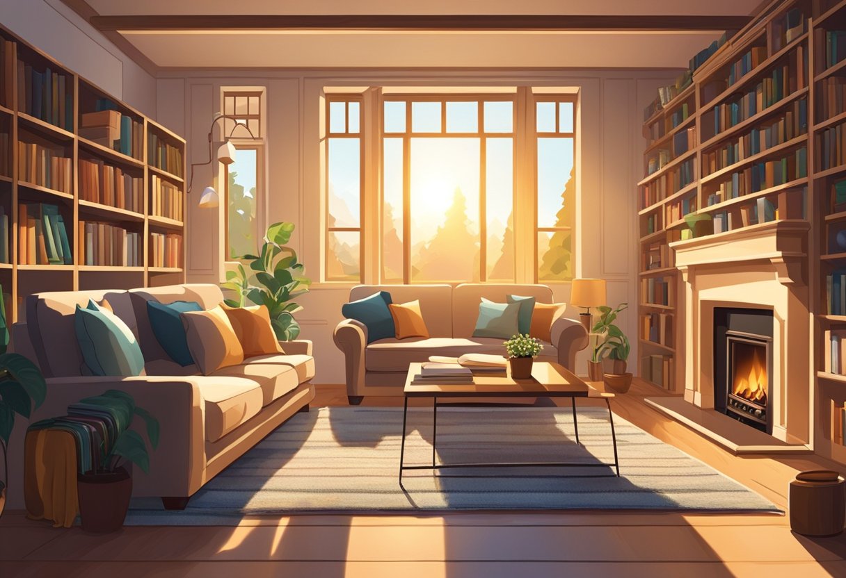 A cozy living room with a fireplace, bookshelves, and a plush sofa. Sunlight streams through the windows, casting a warm glow over the room