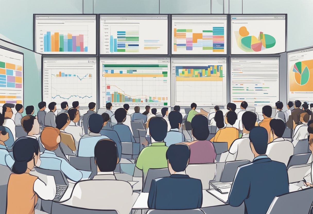 People gathered around a screen, discussing stocks at a forum in Singapore