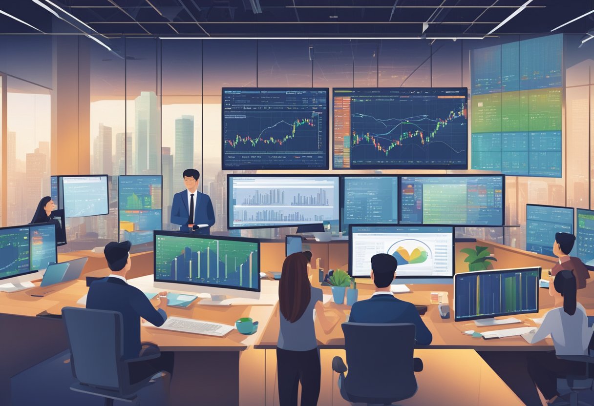 Investors at Singapore Stock Exchange, browsing FAQs on electronic screens, surrounded by financial charts and graphs