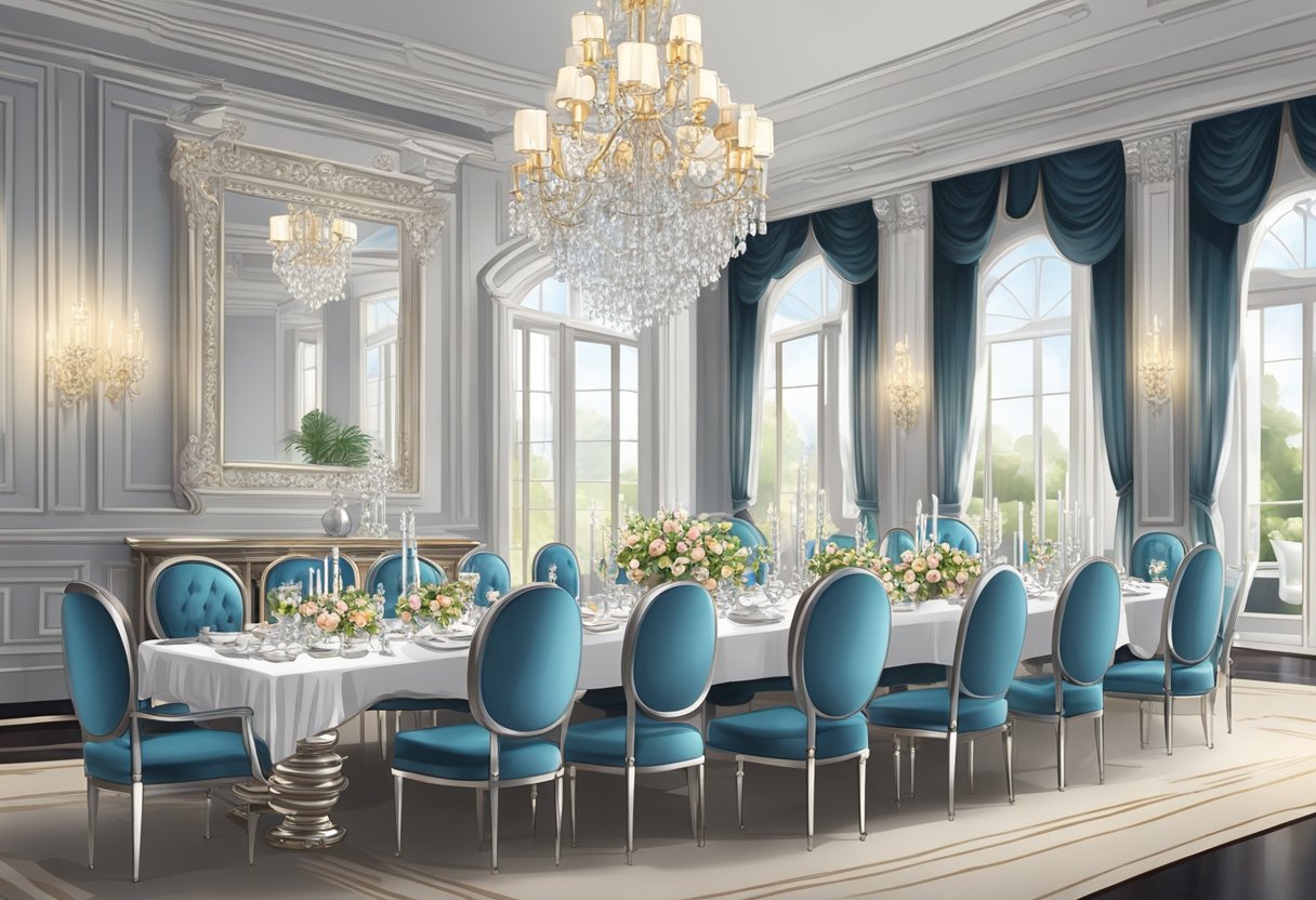A grand dining room with elegant chandeliers and plush, upholstered chairs. A long, polished table is set with fine china, crystal glasses, and silver cutlery