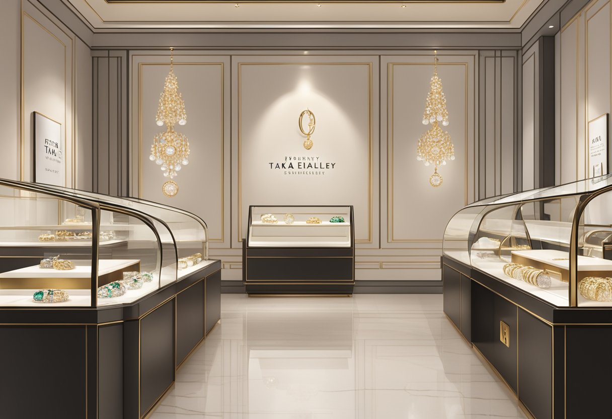 A display of elegant jewelry pieces with a sign reading "Frequently Asked Questions taka jewellery singapore" in a luxurious store setting
