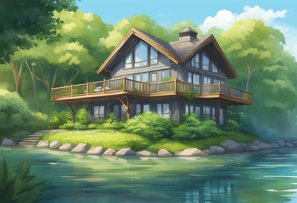A serene riverhouse nestled among lush greenery, with a tranquil river flowing by and a clear blue sky overhead