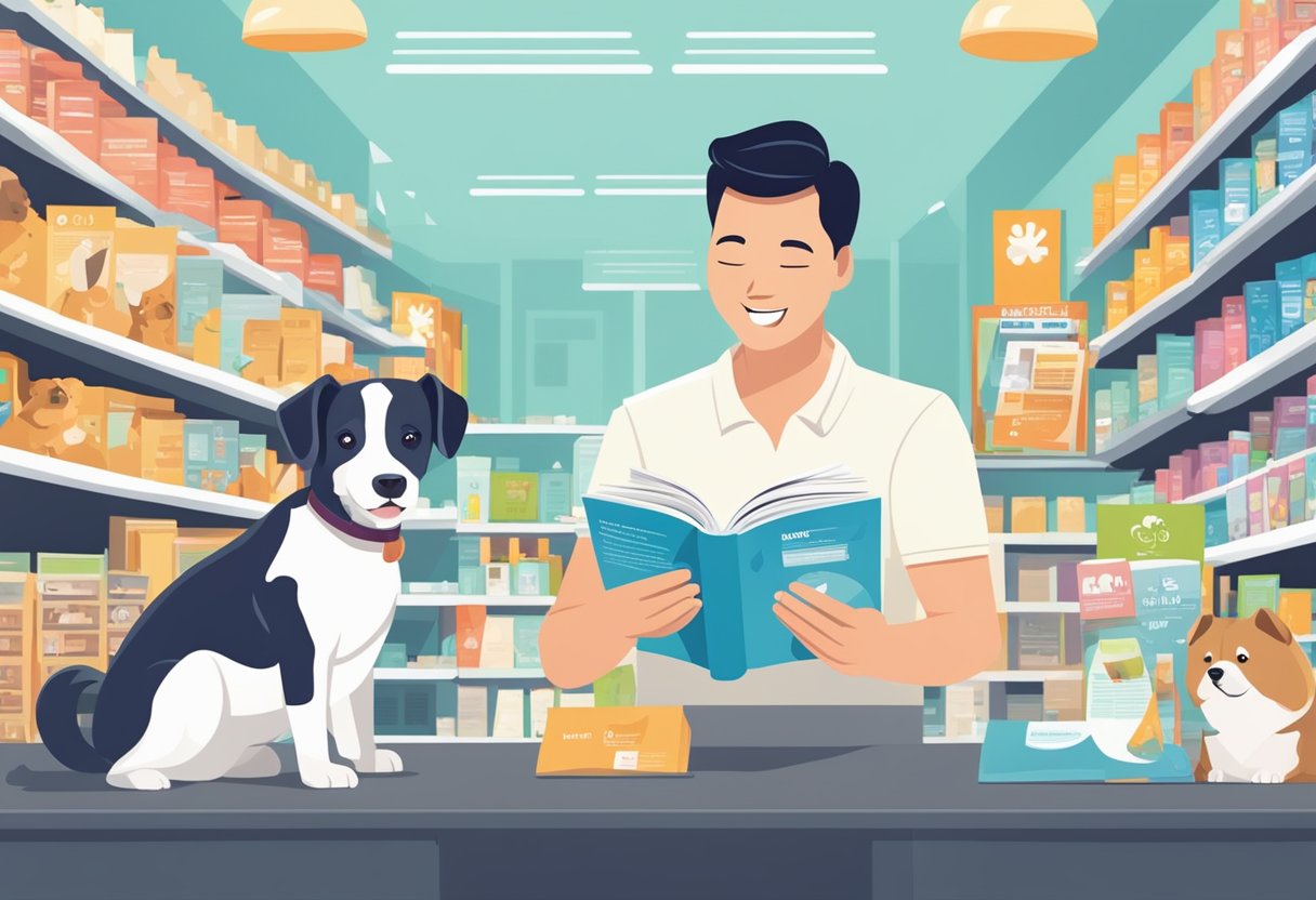 A happy dog owner reading a brochure on dog insurance in a modern Singaporean pet store