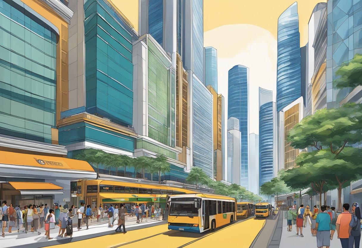 The bustling streets of Singapore's financial district, with towering skyscrapers and bustling traffic, create a vibrant atmosphere around Citadines Raffles Place