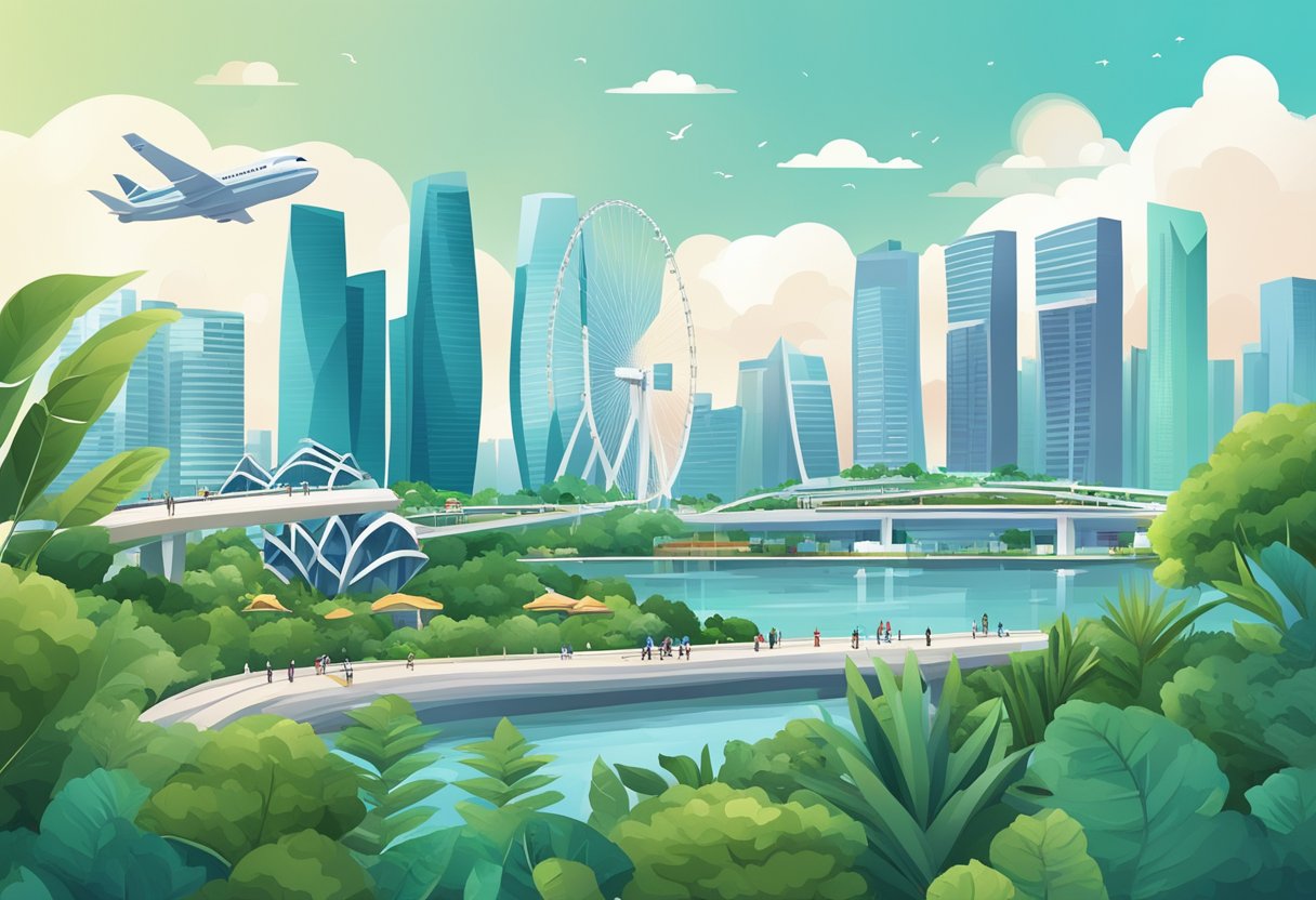 A bustling cityscape with iconic landmarks like the Marina Bay Sands and the Singapore Flyer, surrounded by lush greenery and modern architecture
