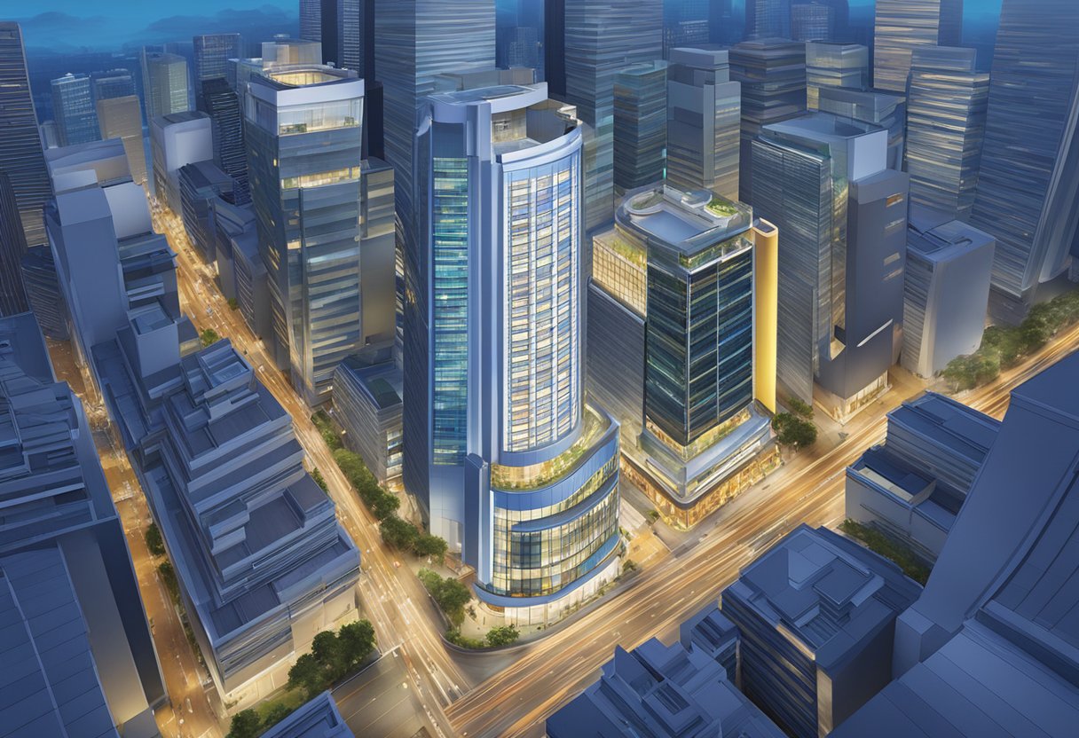 The scene depicts the exterior of Citadines Raffles Place Singapore, with its modern architecture and surrounding cityscape