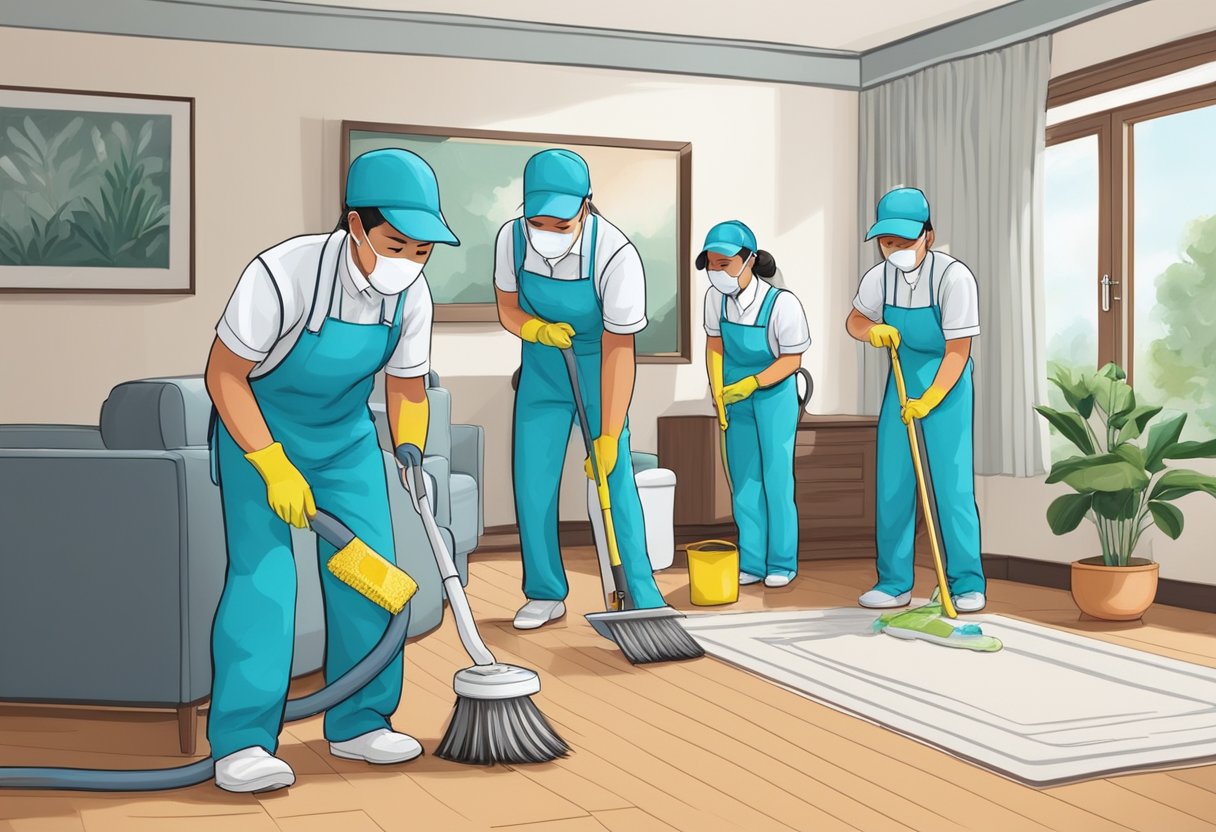 A team of cleaners meticulously scrubbing and sanitizing every corner of a pristine Singaporean home