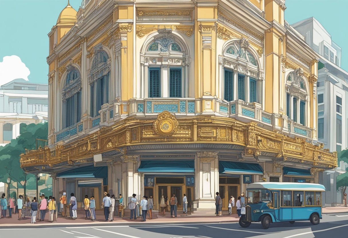 The grand Capitol Theatre in Singapore bustles with patrons seeking answers to their frequently asked questions. The ornate architecture and bustling atmosphere create a lively scene for an illustrator to recreate