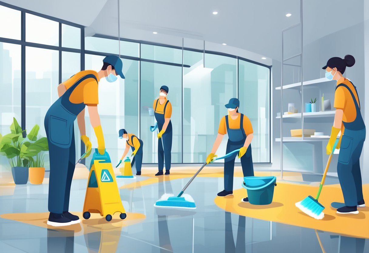 A team of professional cleaners meticulously scrub and sanitize every surface in a spacious, well-lit room, leaving it sparkling and fresh