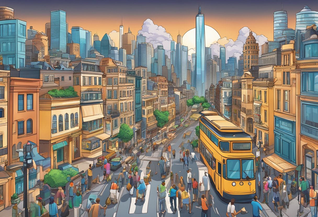 A bustling cityscape with iconic landmarks, crowded streets, and diverse cultural elements