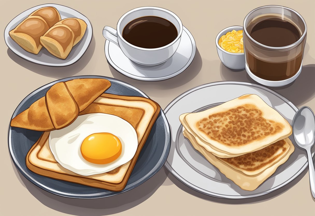 A table set with kaya toast, soft-boiled eggs, and kopi, with a side of nasi lemak and roti prata