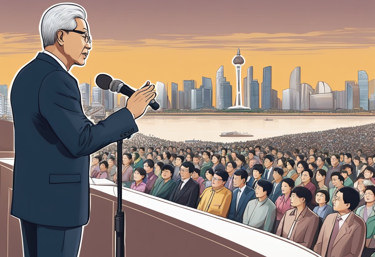 The past president of Singapore stands on a stage, delivering a speech to a diverse crowd. The city skyline looms in the background, symbolizing progress and modernity