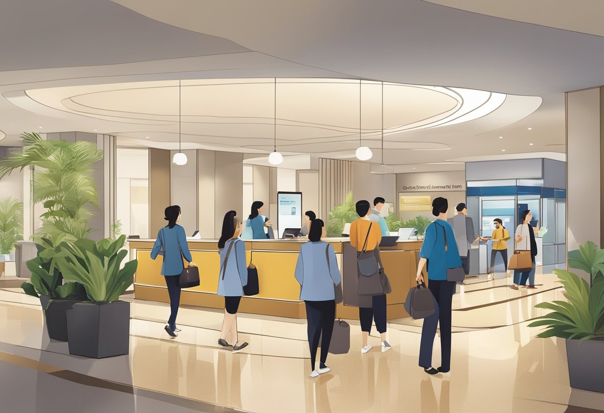 The bustling lobby of Citadines Raffles Place Singapore, with guests checking in and out, staff assisting with luggage, and a prominent "Frequently Asked Questions" sign displayed near the front desk