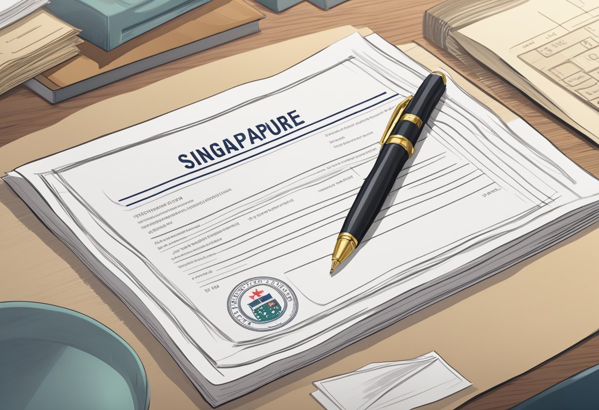 A table with official documents, a stamp, and a pen, with the Singaporean emblem in the background