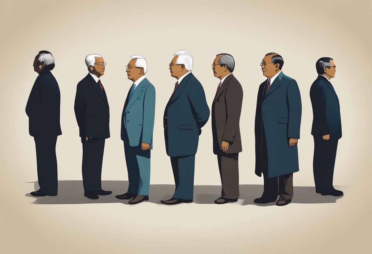 Silhouettes of Singapore's past presidents standing in a row, with their profiles facing towards the right