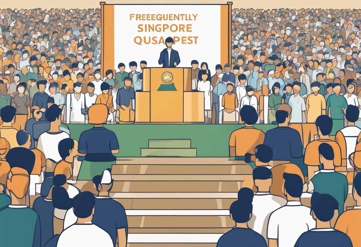A podium with a microphone, surrounded by a crowd of people, with a banner reading "Frequently Asked Questions Singapore Past President."
