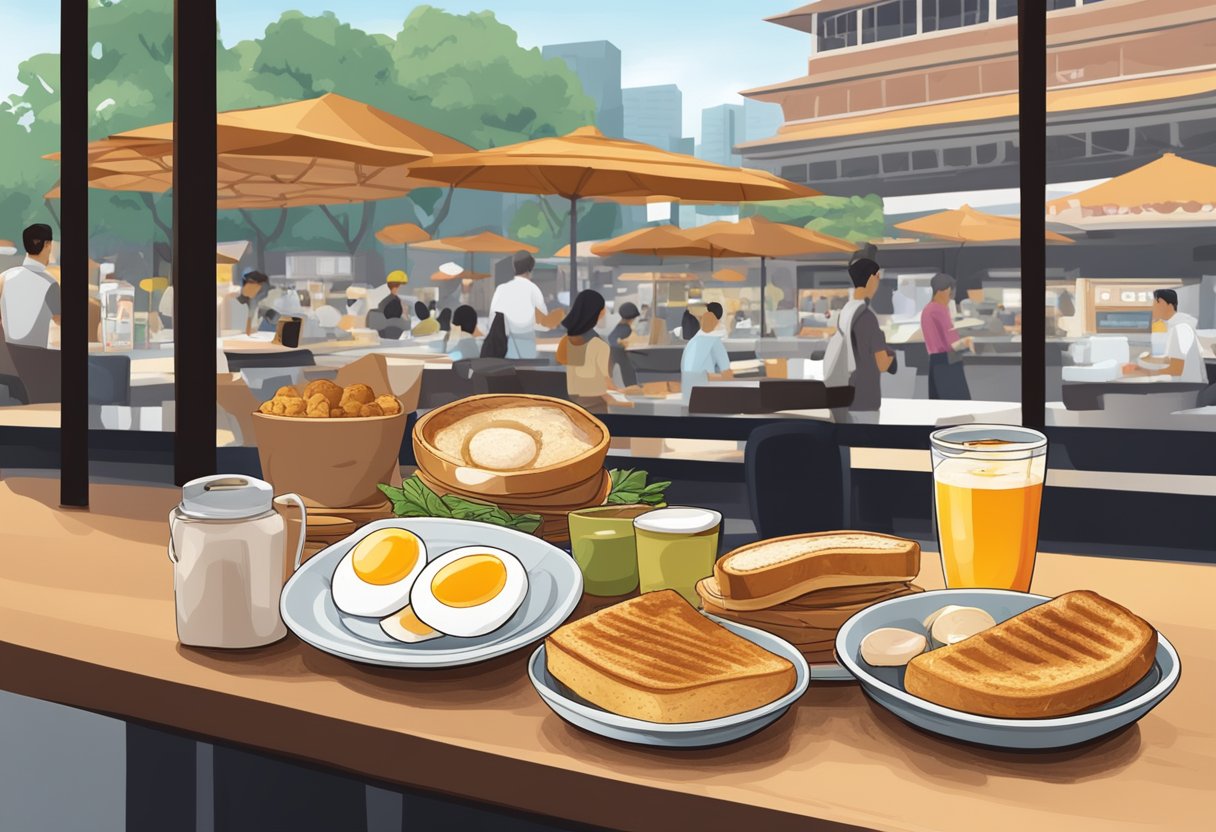 A table set with kaya toast, soft-boiled eggs, and kopi, with a view of a bustling hawker center in the background