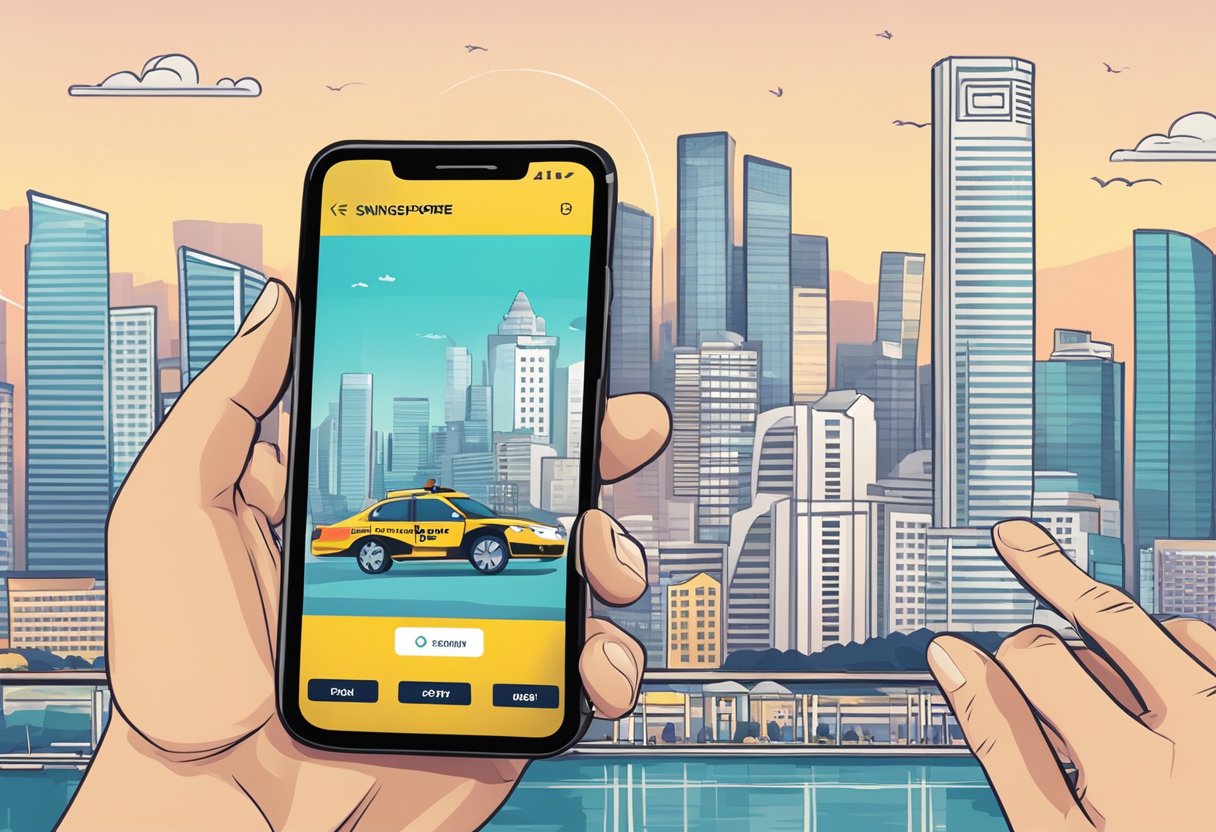 A hand reaching for a smartphone with a taxi booking app open, showing the Singapore cityscape in the background