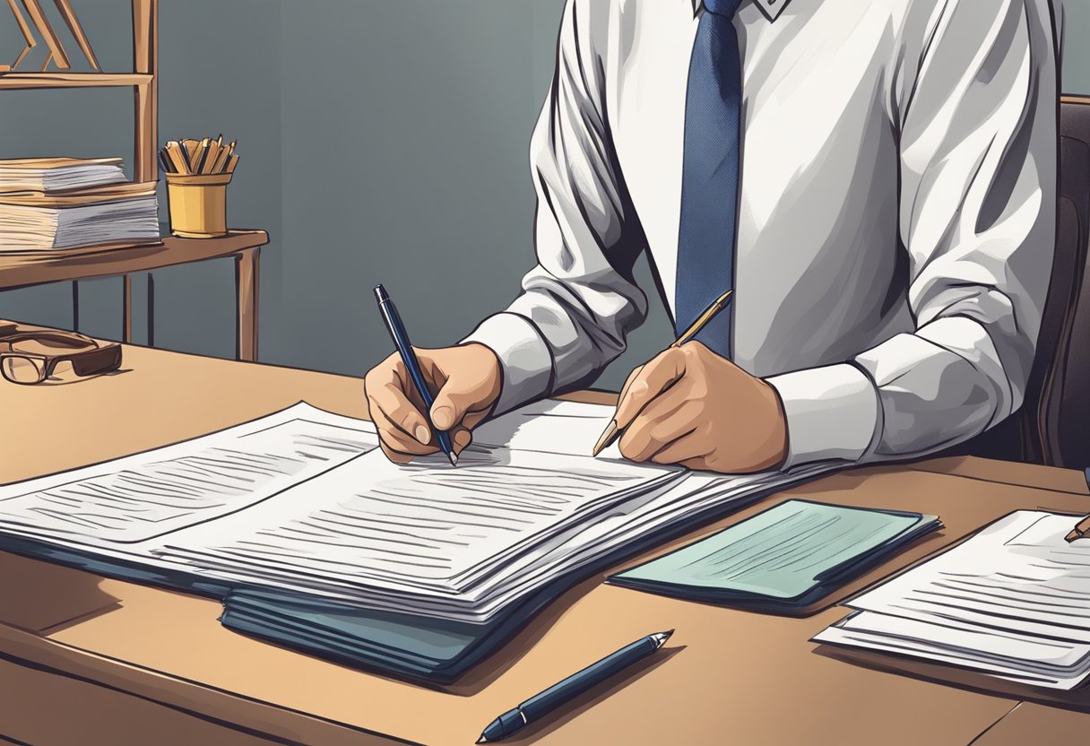 A person signing a document in front of a commissioner of oaths at a desk with a stamp and official documents