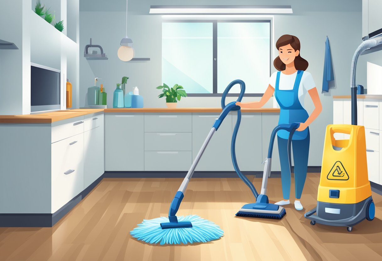 The deep cleaning service covers floors, surfaces, appliances, and fixtures in a spacious, well-lit room. A vacuum, mop, and cleaning products are visible