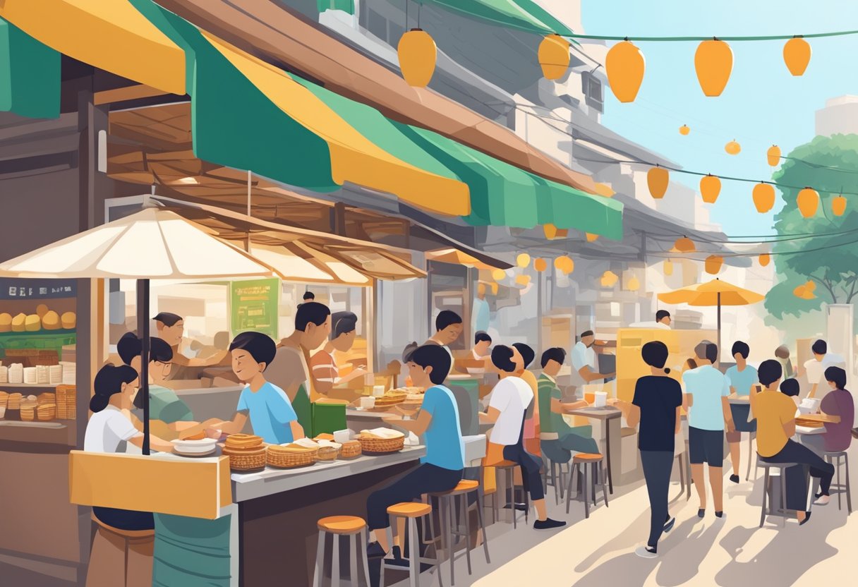 A hawker stall bustling with locals enjoying kaya toast, soft-boiled eggs, and aromatic kopi, amidst the vibrant atmosphere of a traditional Singaporean breakfast